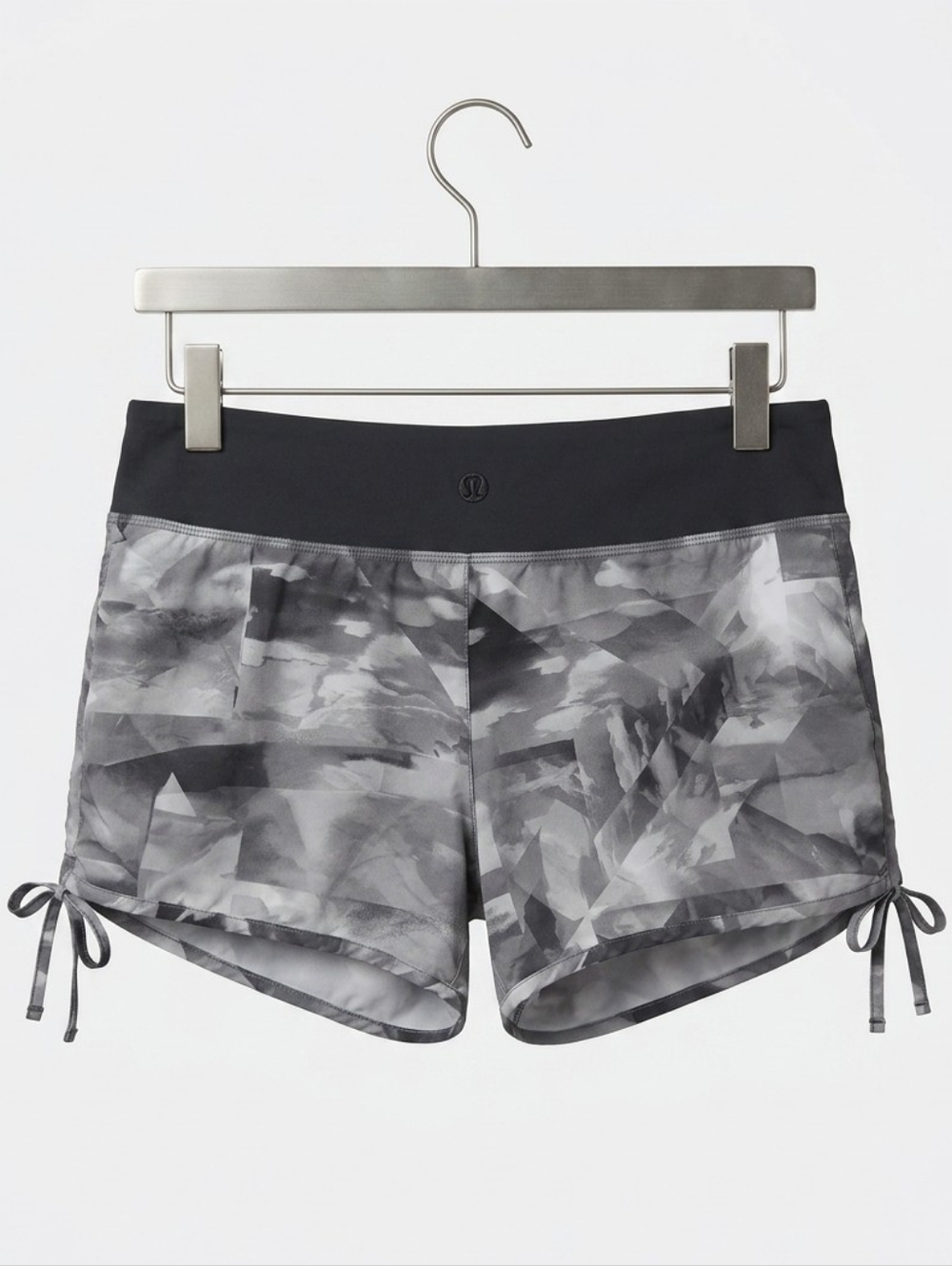 Gray Abstract Print Athletic Shorts with Black Waistband